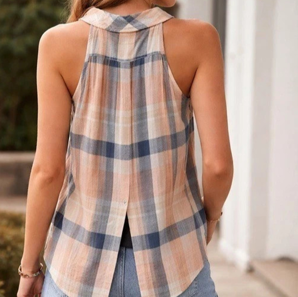 BELLA DAHL Linen Blend Pink/Gray Plaid Sleeveless Button Back/Slit Top Boho XS